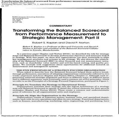 Kaplan &amp; norton   transforming the bsc from performance measurement to st...
