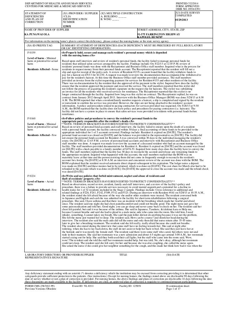 Nursing home inspection form