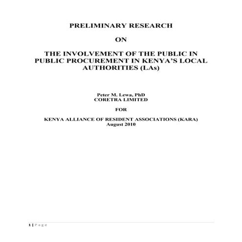 PRELIMINARY RESEARCH   ON   THE INVOLVEMENT OF THE PUBLIC IN PUBLIC PROCUREMENT IN KENYA’S LOCAL AUTHORITIES (LAs)