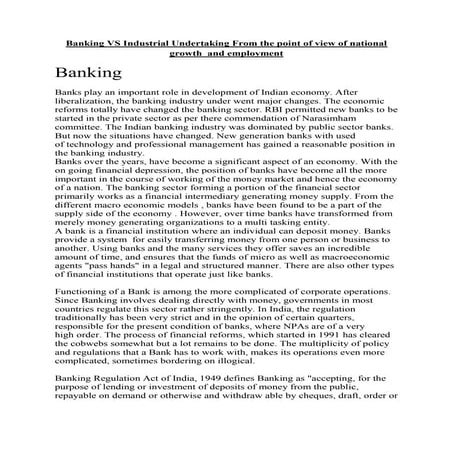 Banking Vs Industrial Undertaking from the point of view of Economic Growth a...