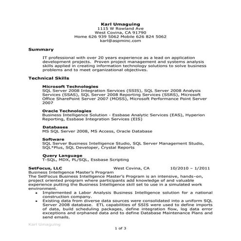 Karl Umaguing: Resume