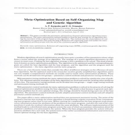 Karpenko, a. 2011: meta-optimisation based on self-organising map and genetic...