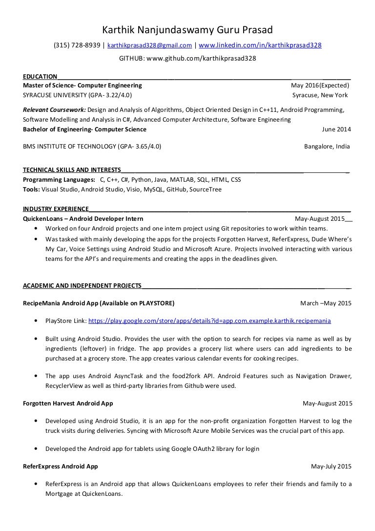 Karthik Nanjundaswamy Guru Prasad Resume Android