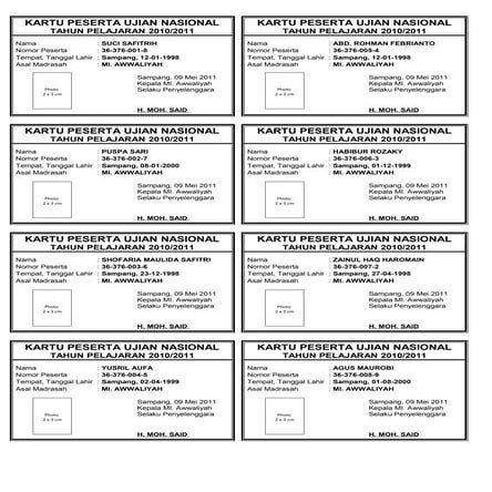 Contoh Kartu peserta ujian nasional