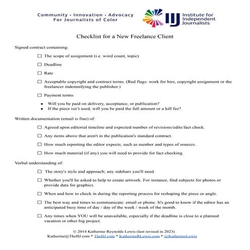 Katherine Lewis IIJ new freelance assignment checklist 2023