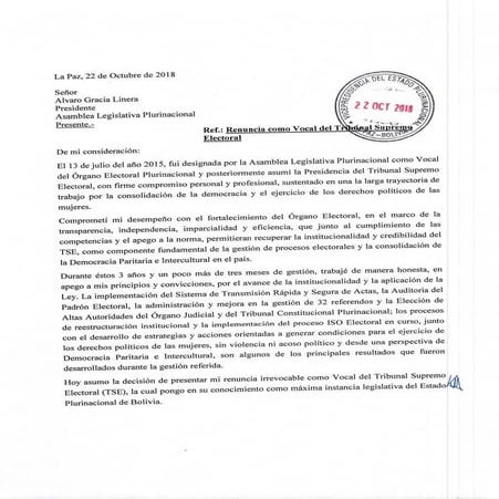 Carta de renuncia de la presidenta del Tribunal Electoral.