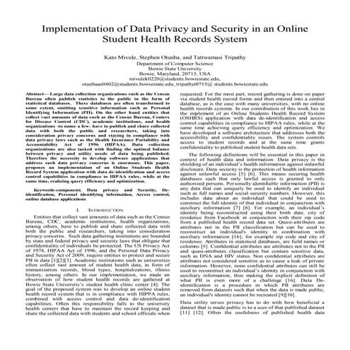 Implementation of Data Privacy and Security in an Online Student Health Recor...