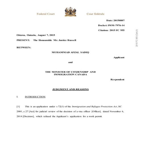 Sadiq v. Canada (Citizenship and Immigration), 2015 FC 955 (CanLII)