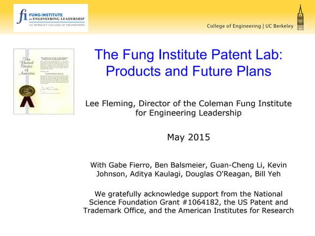 The Fung Institute Patent Lab: Products and Future Plans