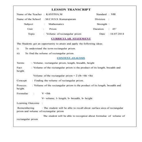 Lesson Transcript - Volume of rectangular prism