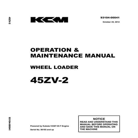 Kawasaki 45 zv 2 wheel loader operation and maintenance manual (serial no. 00...