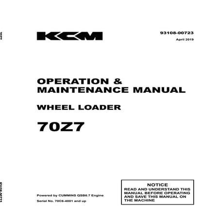 Kawasaki 70 z7 wheel loader operator manual (serial no. 70c6 4001 and ...