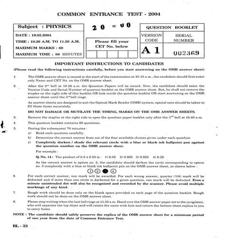 KCET Physics - 2004 Question Paper | PDF