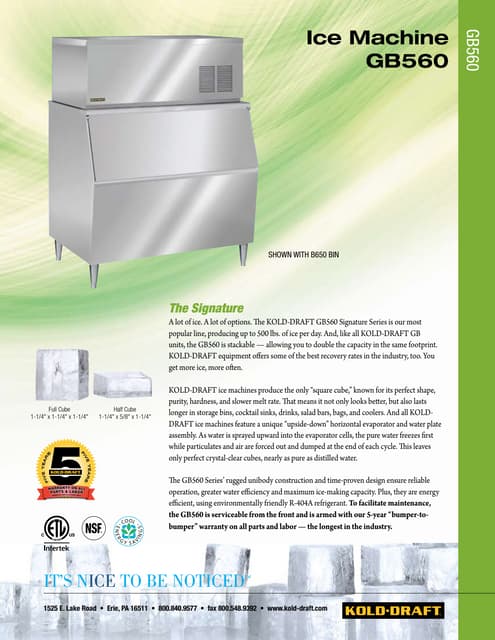 GB1060 KOLD-DRAFT Commercial Ice Machines | PDF