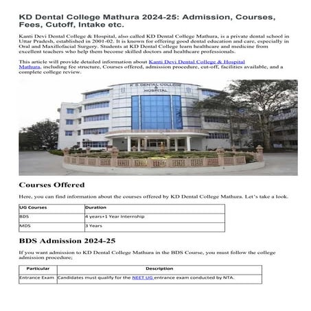 KD Dental College Mathura 2024-25 courses