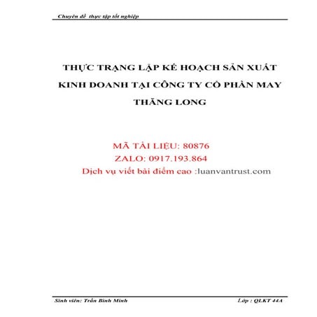 Thực trạng lập kế hoạch sản xuất kinh doanh tại Công ty cổ phần may Thăng Long 