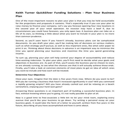 Keith turner quick silver funding solutions -  plan your business plan