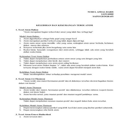 Kelebihan dan Kekurangan dari Teroi Atom (Tugas Kuliah Kimia Dasar)