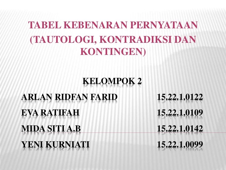 Tabel Kebenaran Pernyataan Tautologi Kontradiksi Dan Kontingen