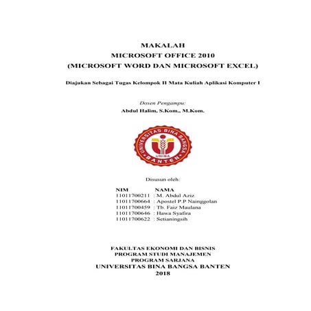 Microsft Office 2010 (Word dan Excel) - Aplikasi Komputer (Makalah) 