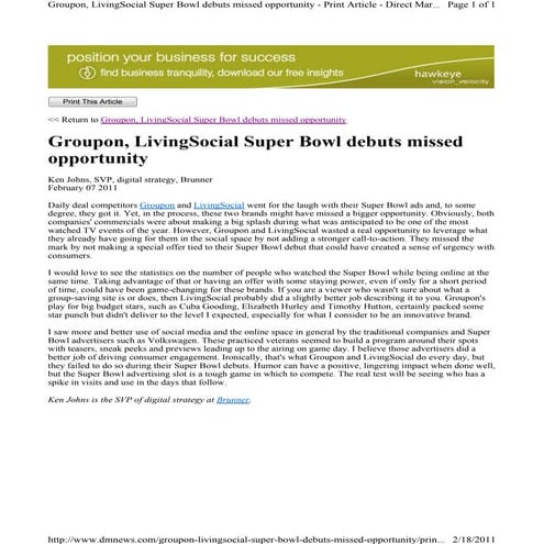 Ken johns shares thoughts on groupon and living social super bowl ads