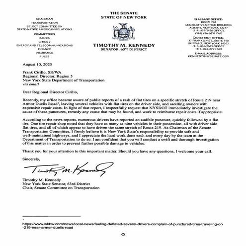 Senator Tim Kennedy letter to NYSDOT on flat tires