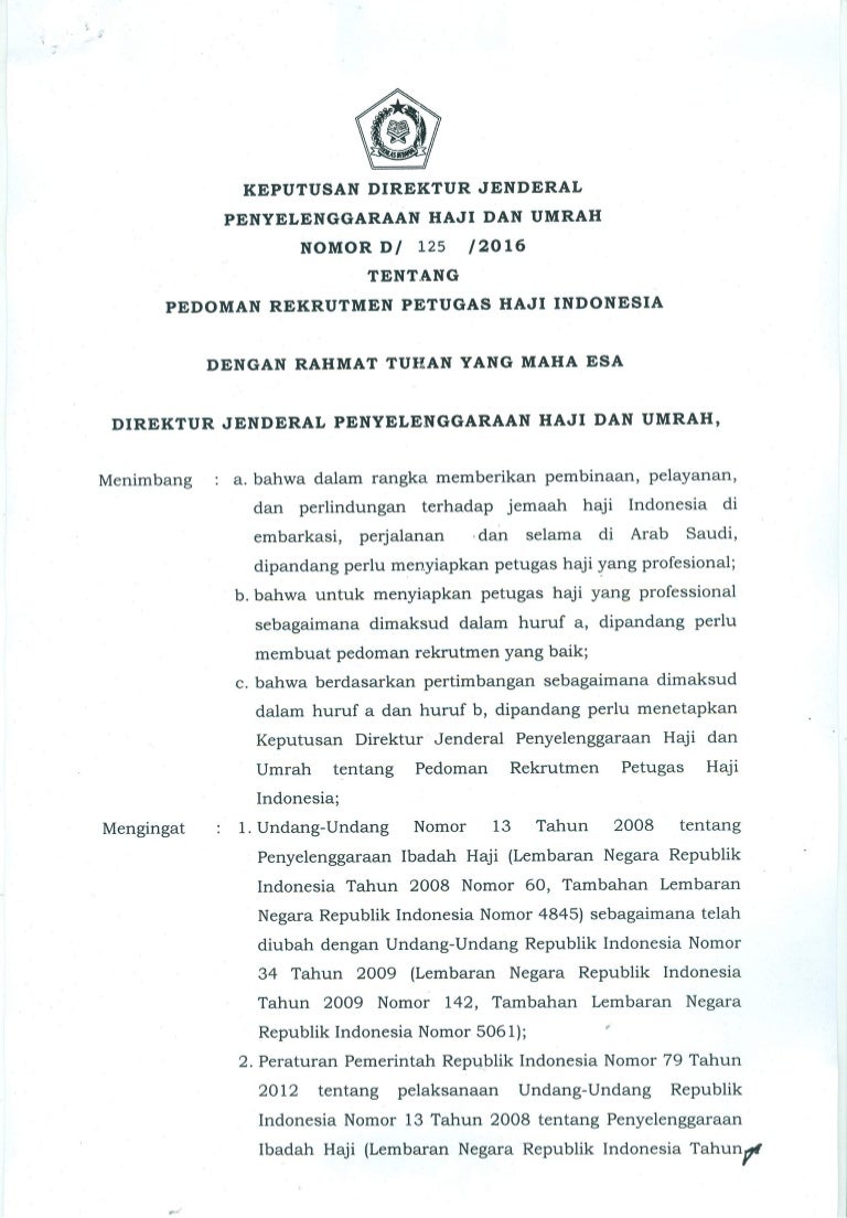 Kepdirjen Phu D 125 Tentang Pedoman Rekrutmen Petugas Haji Indonesia