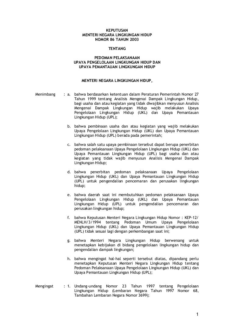 Kepmeneg Lingkungan Hidup No86 Tahun 2003 Tentang Upaya Pengelolaan