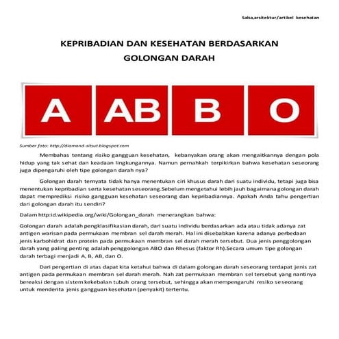 Kepribadian dan kesehatan berdasarkan golongan darah