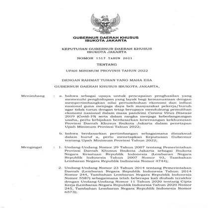 Kepgub DKI Jakarta Nomor 1517 Tahun 2021 tentang UMP 2022