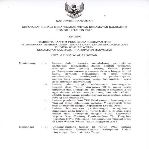 Keputusan kepala desa wlahar wetan no 12 tahun 2015 tentang pembentukan tpk p...