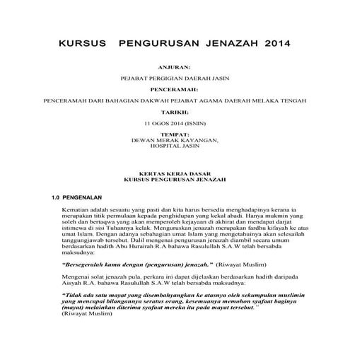 Kertas kerja kursus pengurusan jenazah 2014