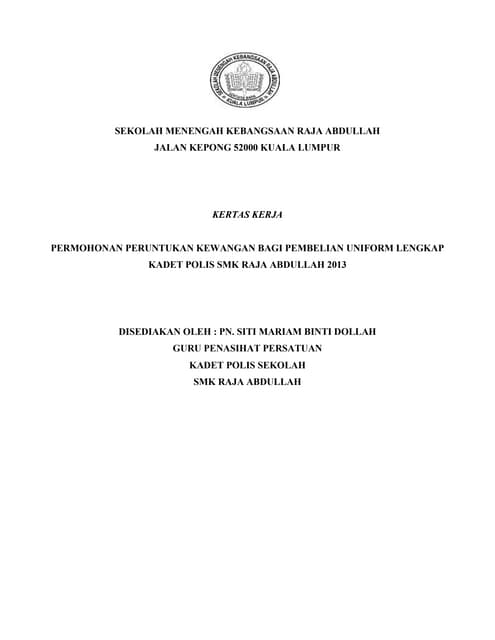 Kertas Kerja Permohonan Untuk Uniform Kadet