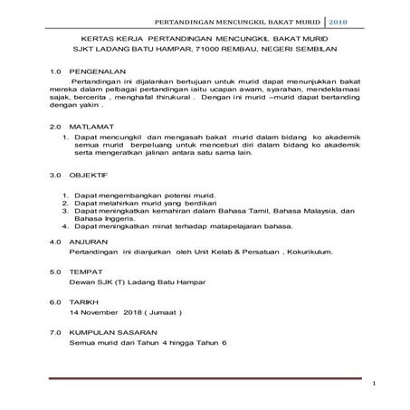 Kertas kerja  pertandingan mencungkil bakat murid 2018