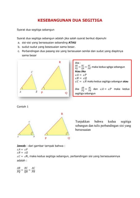 Kesebangunan dua segitiga dan contoh soalnya