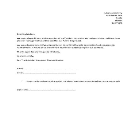 Permission slip for the Ancient Technology Centre