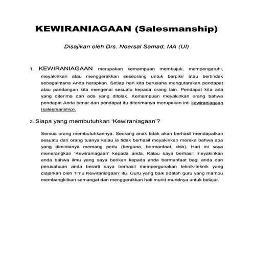 Kewiraniagaan (Salesmanship)