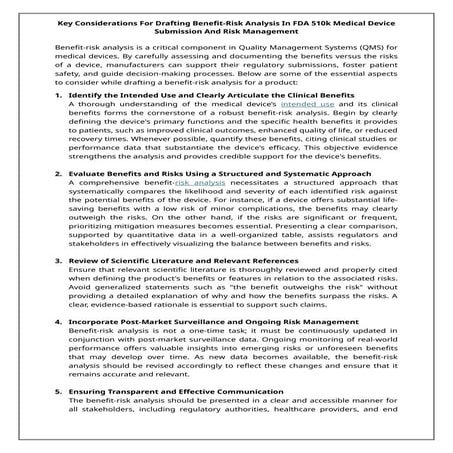Key Considerations For Drafting Benefit-Risk Analysis In FDA 510k Medical Device Submission An.docx