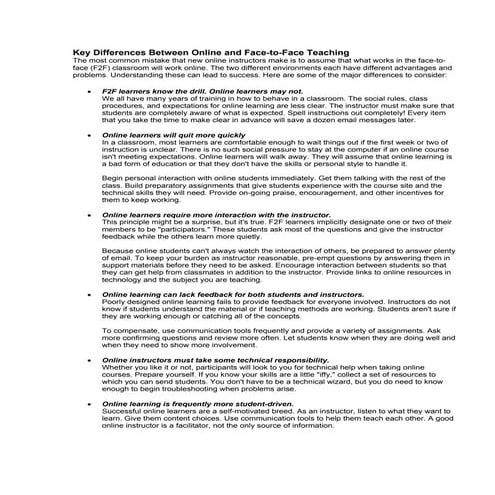 Key differences between face2face and online teaching