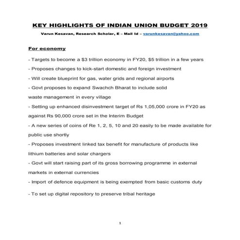 KEY HIGHLIGHTS OF INDIAN UNION BUDGET 2019