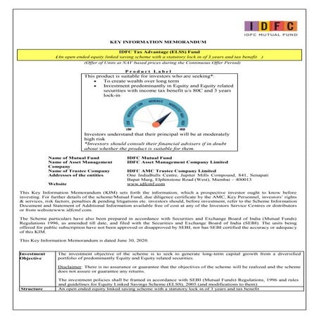 IDFC Tax Advantage (ELSS) Fund_Key information memorandum