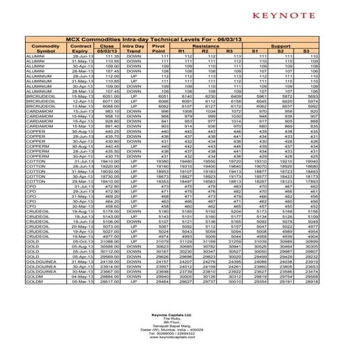 Keynote technical commodity intraday levels for 060313