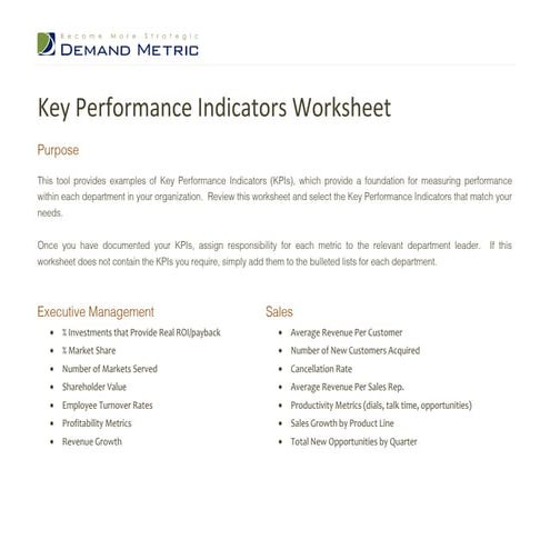 Key Performance Indicators Worksheet