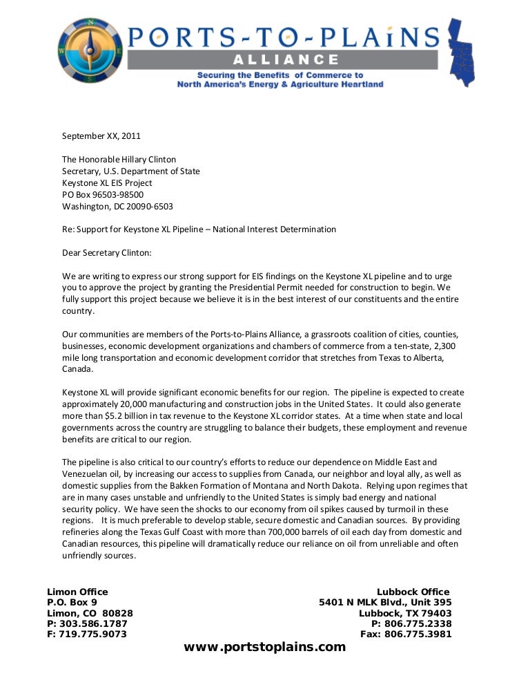 Keystone XL Pipeline Support Letter (Sample)
