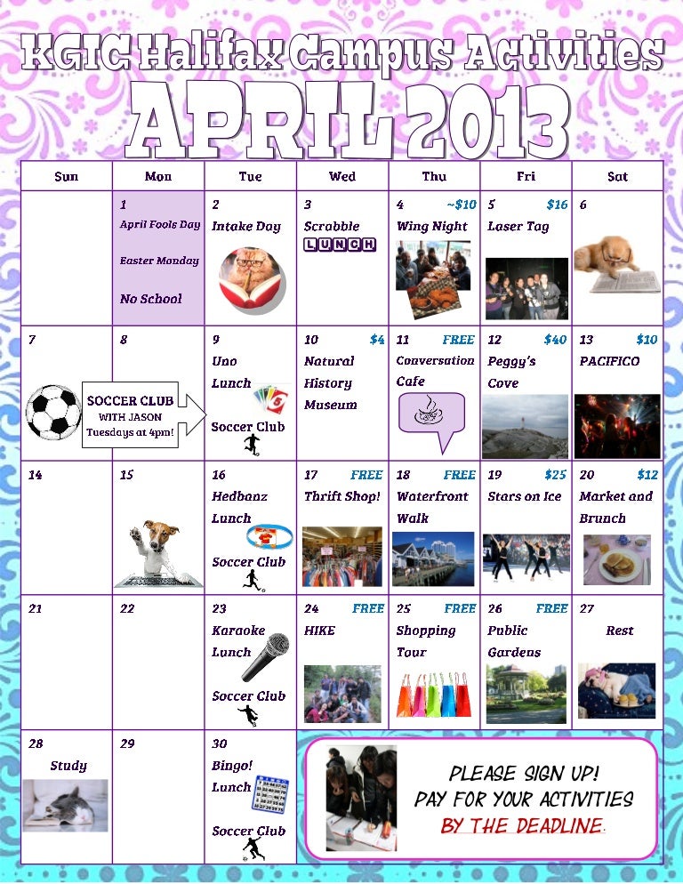 KGIC Halifax Campus Activities Calendar April 2013 PDF