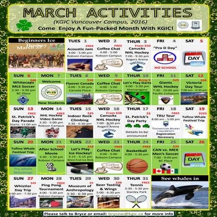 KGIC Vancouver Activity Calendar - March 2016