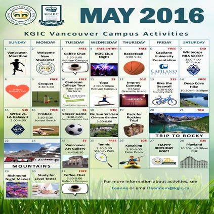 KGIC Vancouver Activity Calendar - May 2016