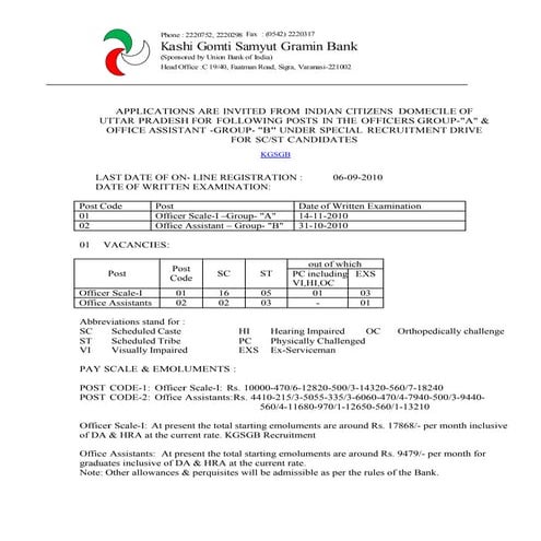 KGSGB Jobs Vacancies Notifications 2010