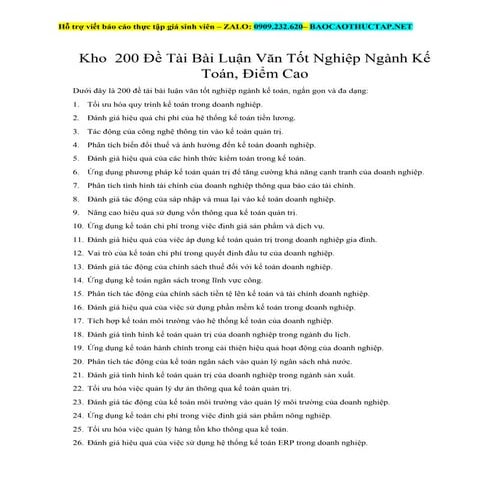 Kho 200 Đề Tài Bài Luận Văn Tốt Nghiệp Ngành Kế Toán, 9 điểm