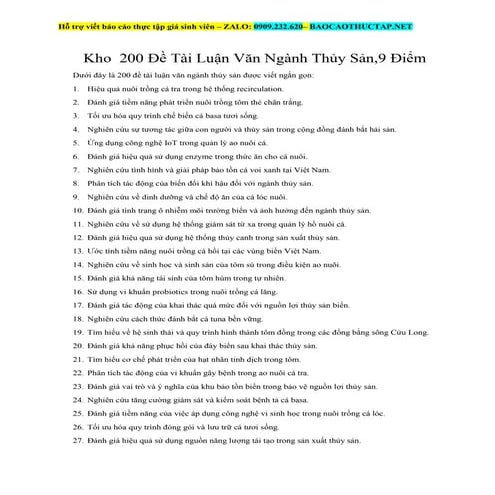 Kho 200 Đề Tài Luận Văn Ngành Thủy Sản, từ các trường đại học